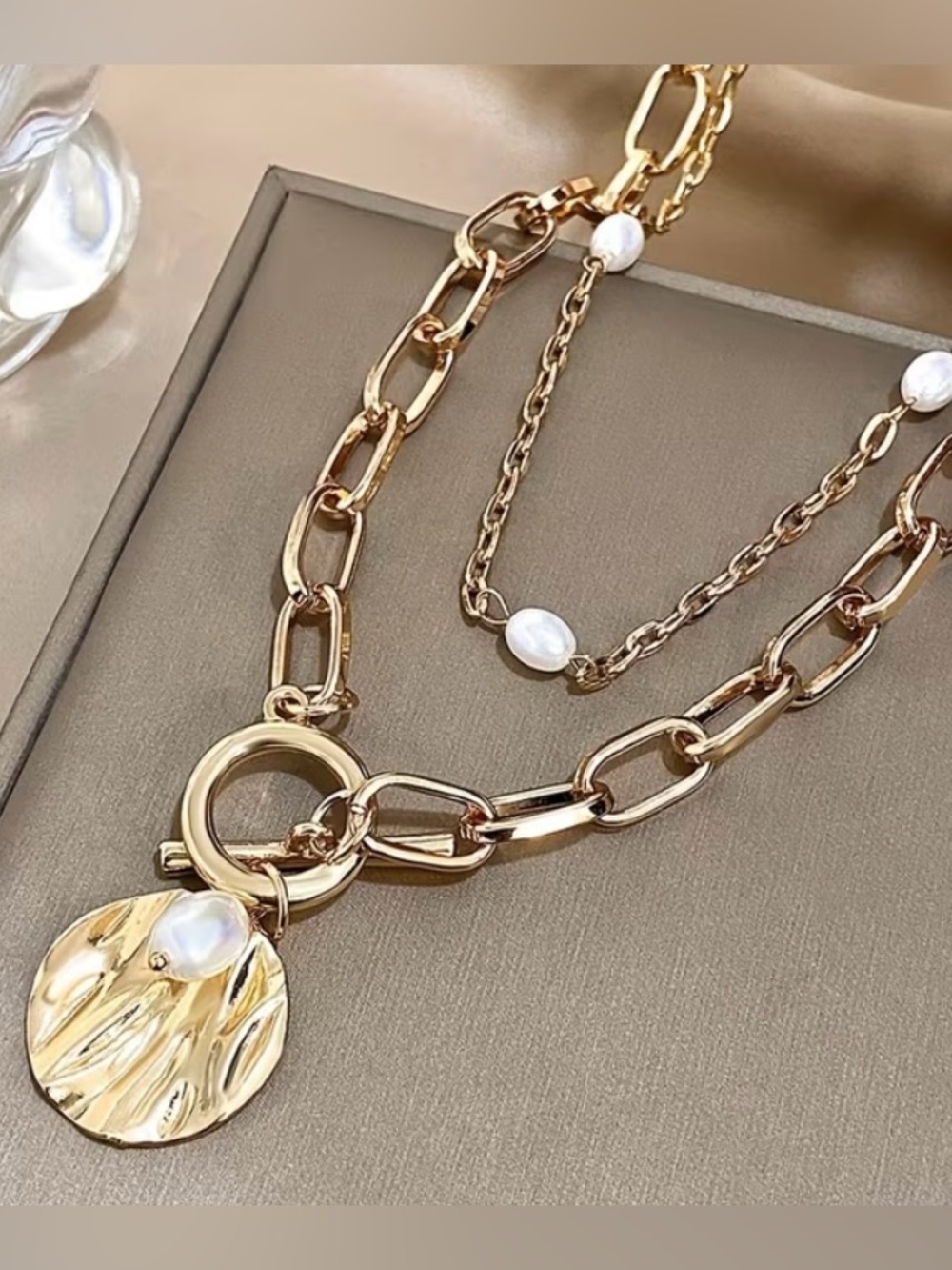 Gold Toned with Faux Pearl Pendant Chunky Chain Necklace Set Women’s Jewelry NWT